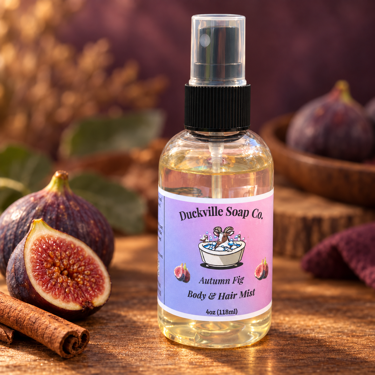 Autumn Fig Duckville Body & Hair Mist bottle on a wooden surface beside figs and cinnamon.
